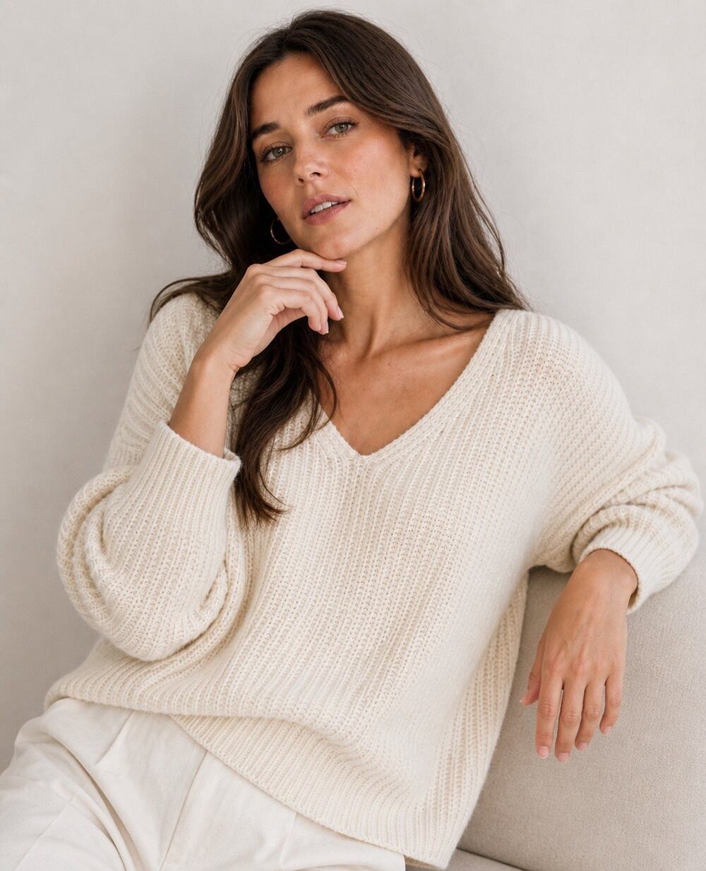 Jenni Kayne Cropped Cabin Sweater M Ivory Organic Cotton V Neck Quiet Luxury